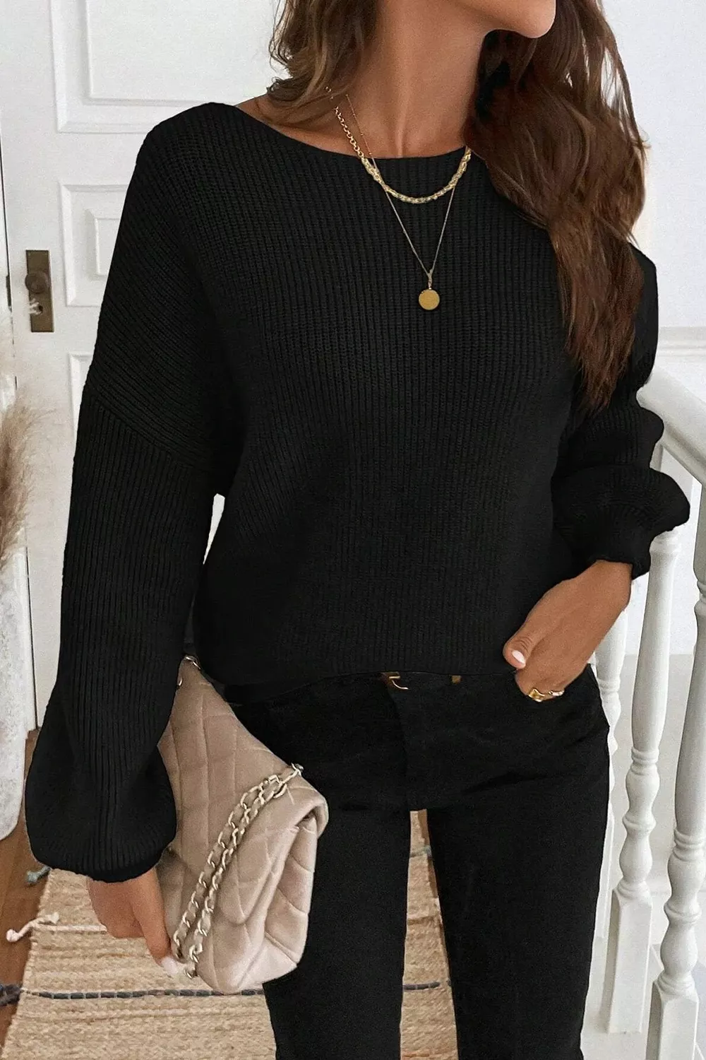 Ribbed Knit Ribbon Knot Backless Drop Shoulder Sweater, image 3