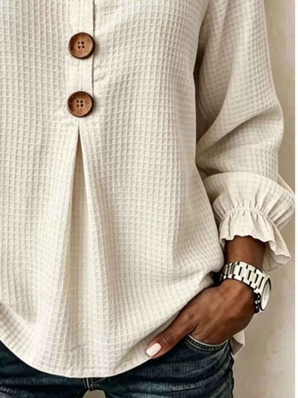 Full Size Waffle Knit Flounce Sleeve Blouse Plus Size, image 6