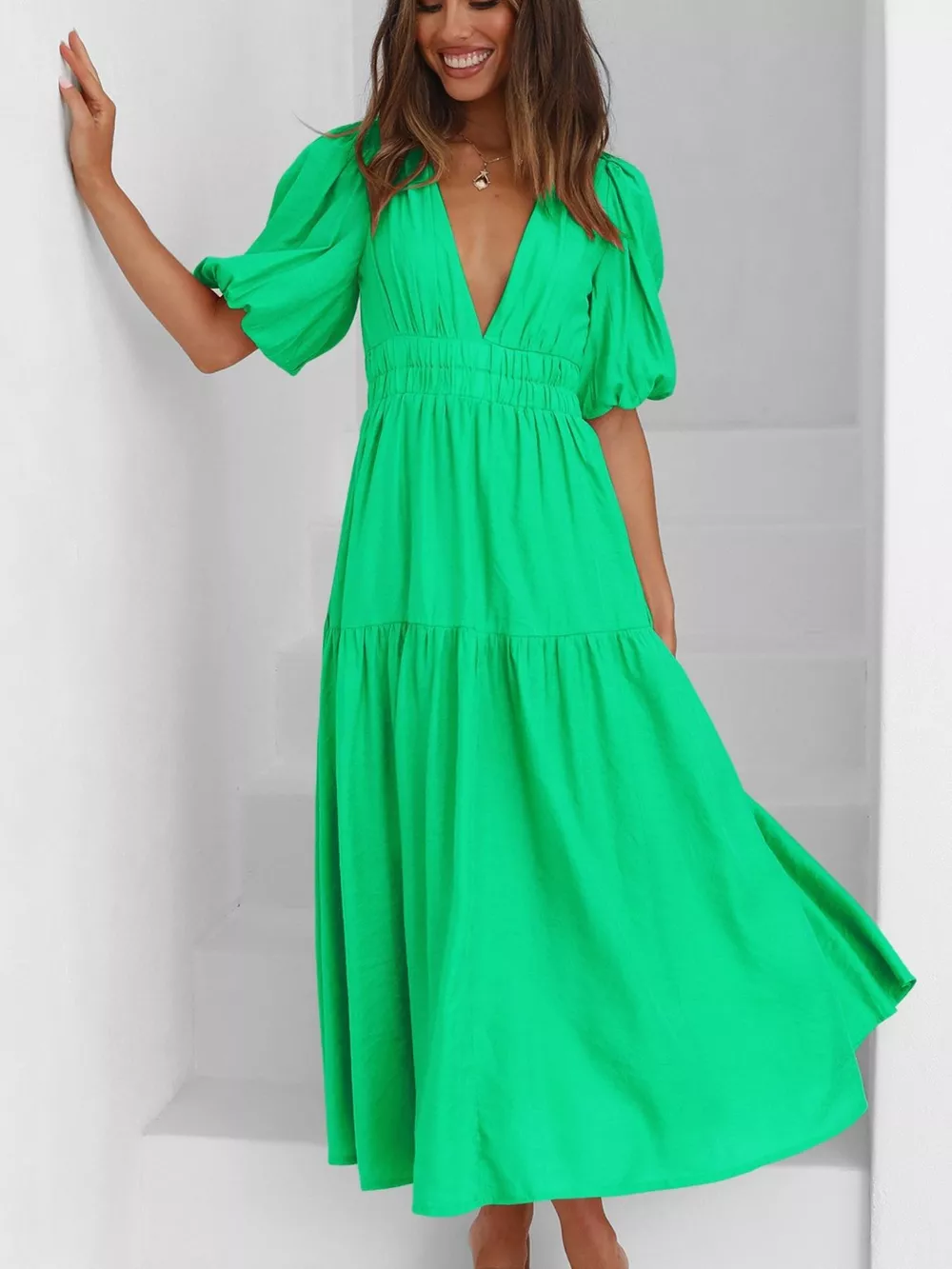 V-Neck Puff Sleeve Midi Dress, image 29