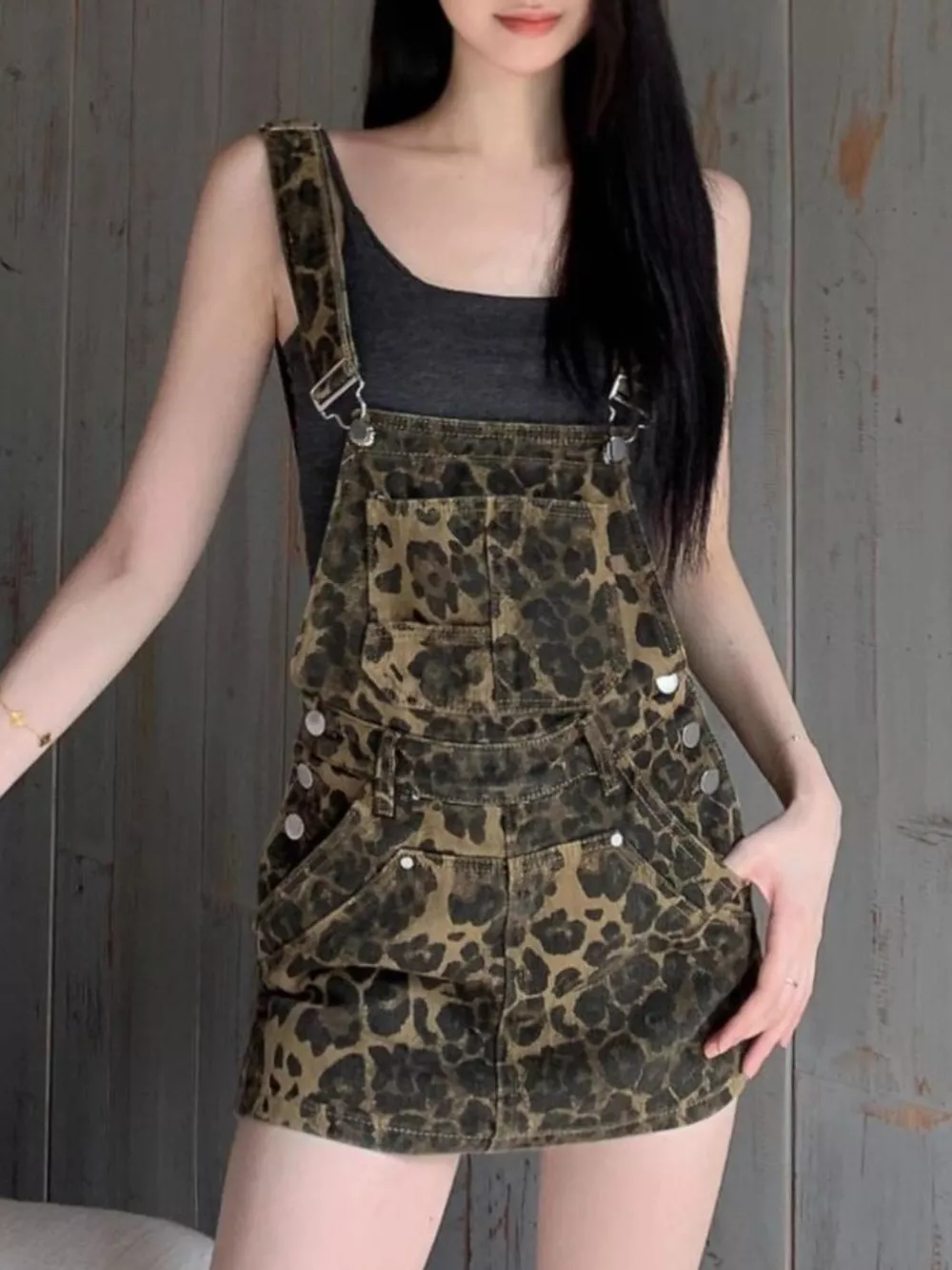 Leopard Print Denim Overall Dress