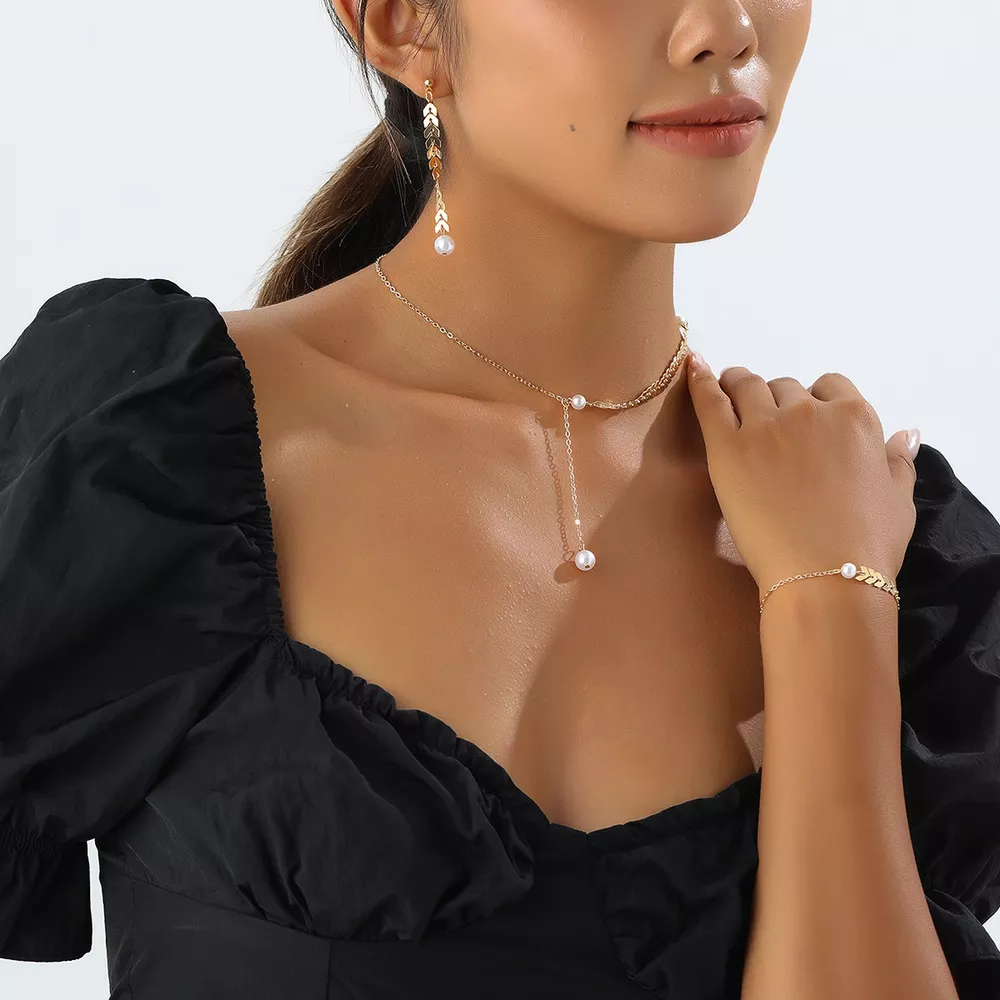 Wheat‑Spike Faux Pearl Necklace Bracelet Earrings 3‑Pcs Jewelry Set, image 4