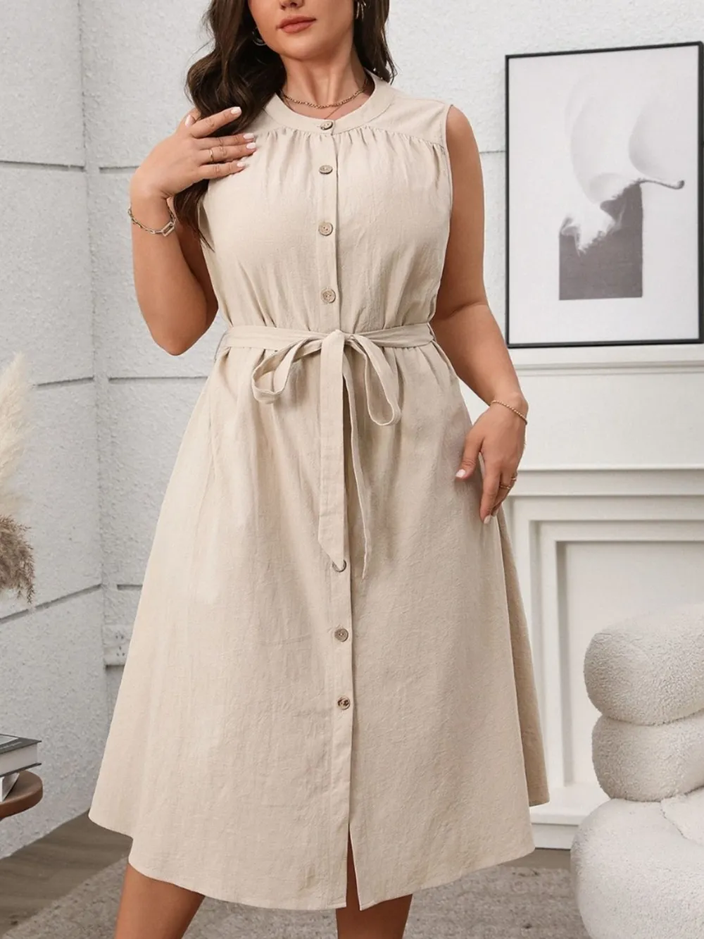 Plus Size Button Front Tie Waist Sleeveless Dress, image 8