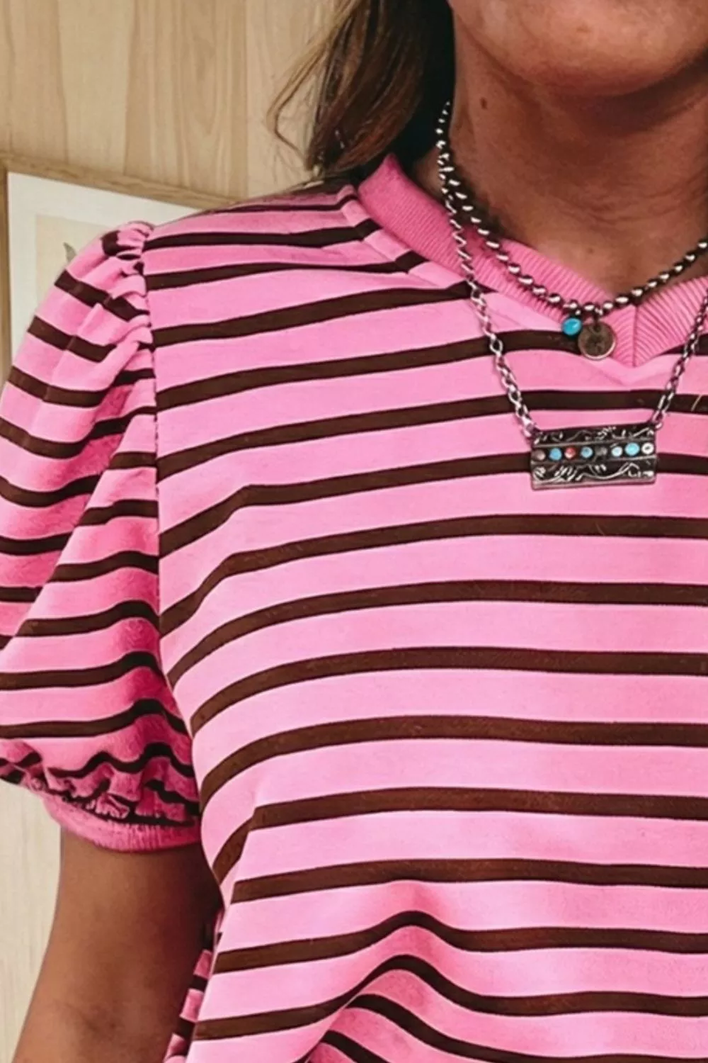 Stripe Striped V-Neck Ribbed Collar Cuff Gathering Puff Sleeve Top, image 2