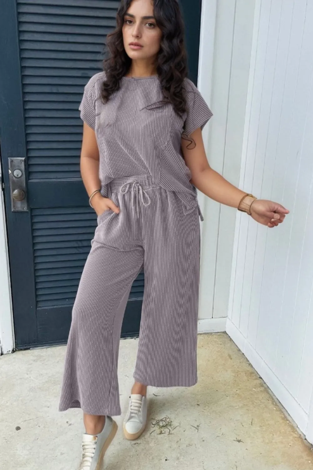 Corded Knit Short Sleeve T-Shirt and Wide Leg Pants Set, image 11