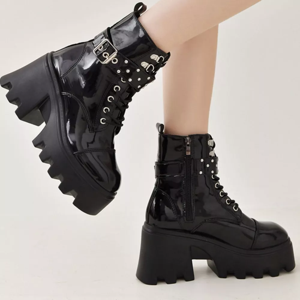 Platform Ankle Boots with Buckle and Studded Detail, image 2