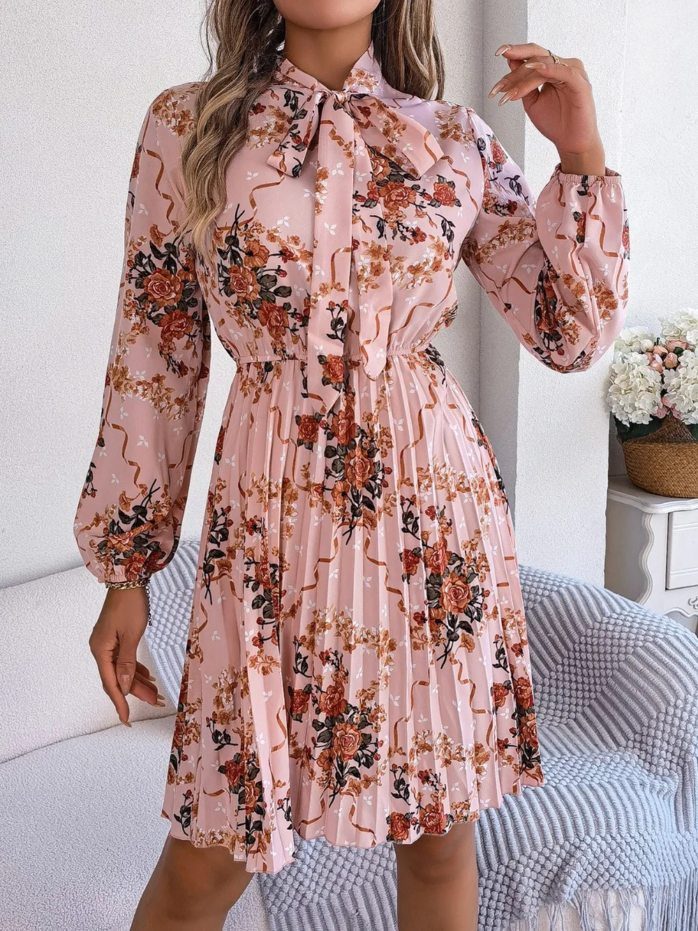 Pleated Printed Tie Neck Long Sleeve Dress, image 2