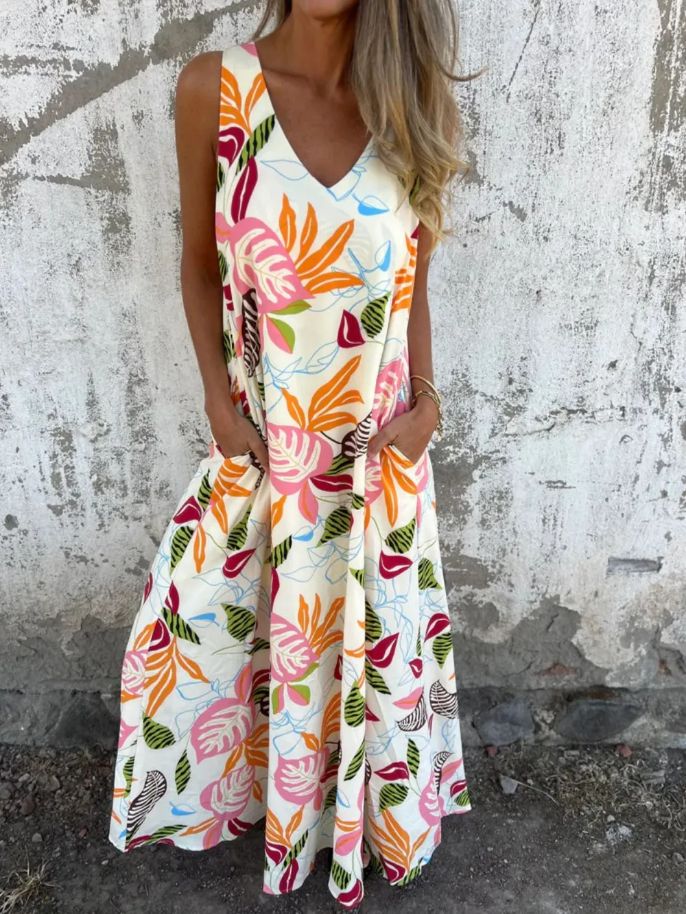 Full Size Printed V-Neck Sleeveless Dress Plus Size, image 9