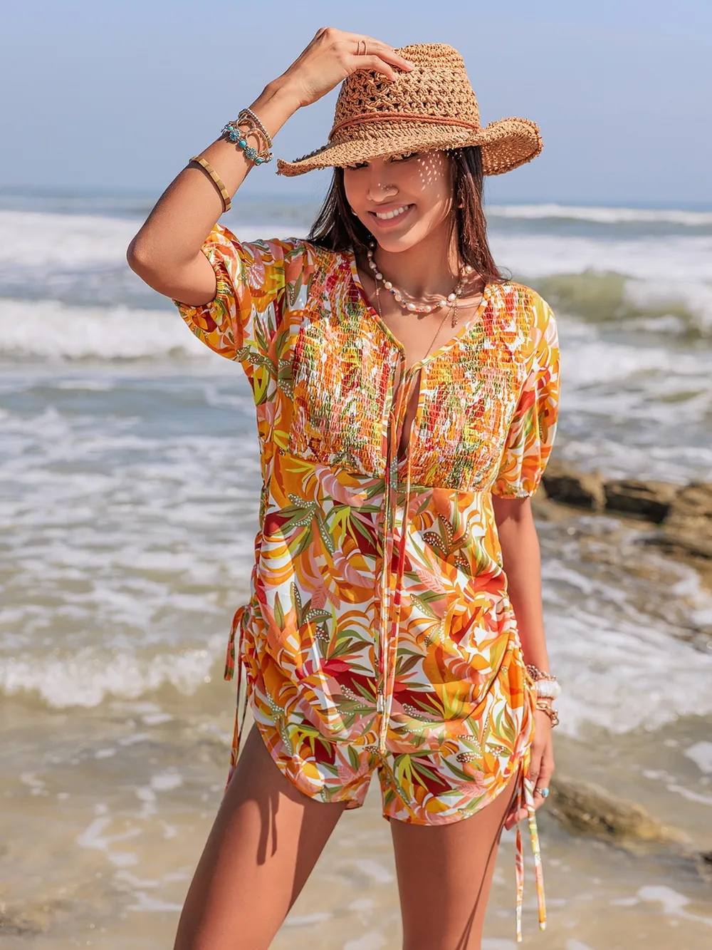 Smocked Printed Tie Neck Romper, image 5