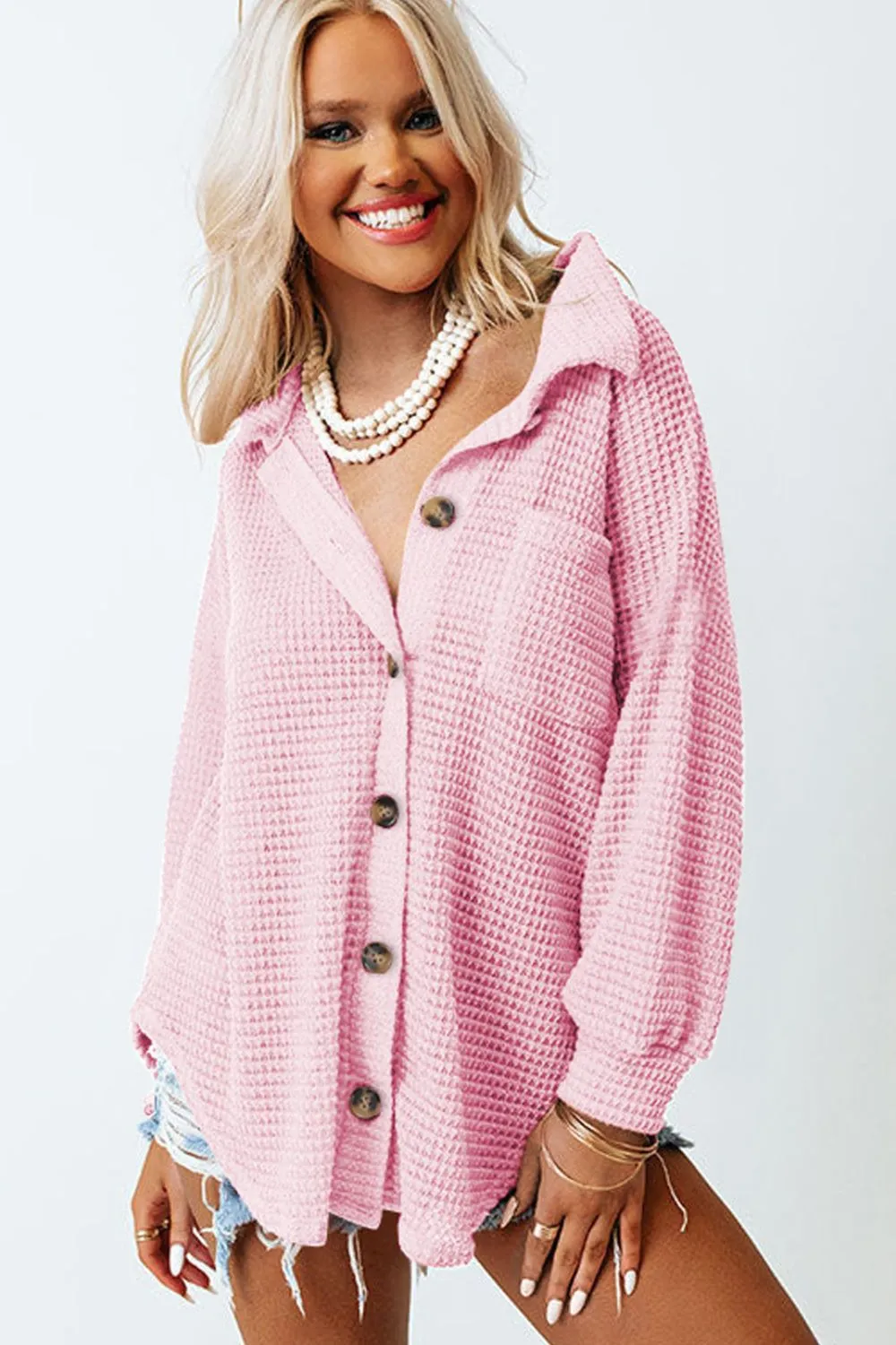 Waffle-Knit Collared Neck Long Sleeve Shirt, image 25