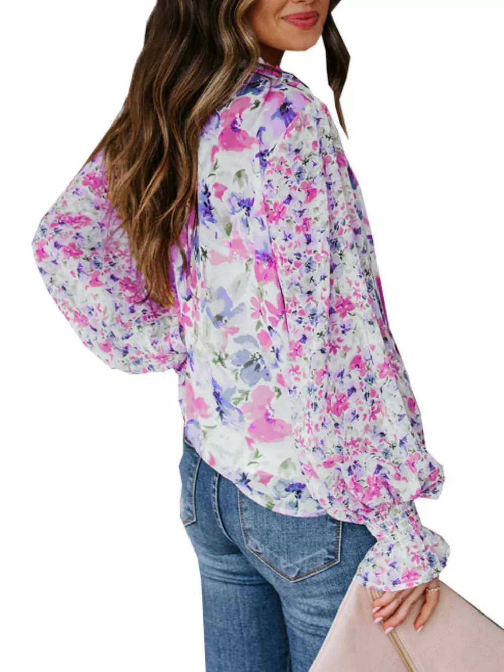 Full Size Floral Print Smocked Cuff Blouse Plus Size, image 7