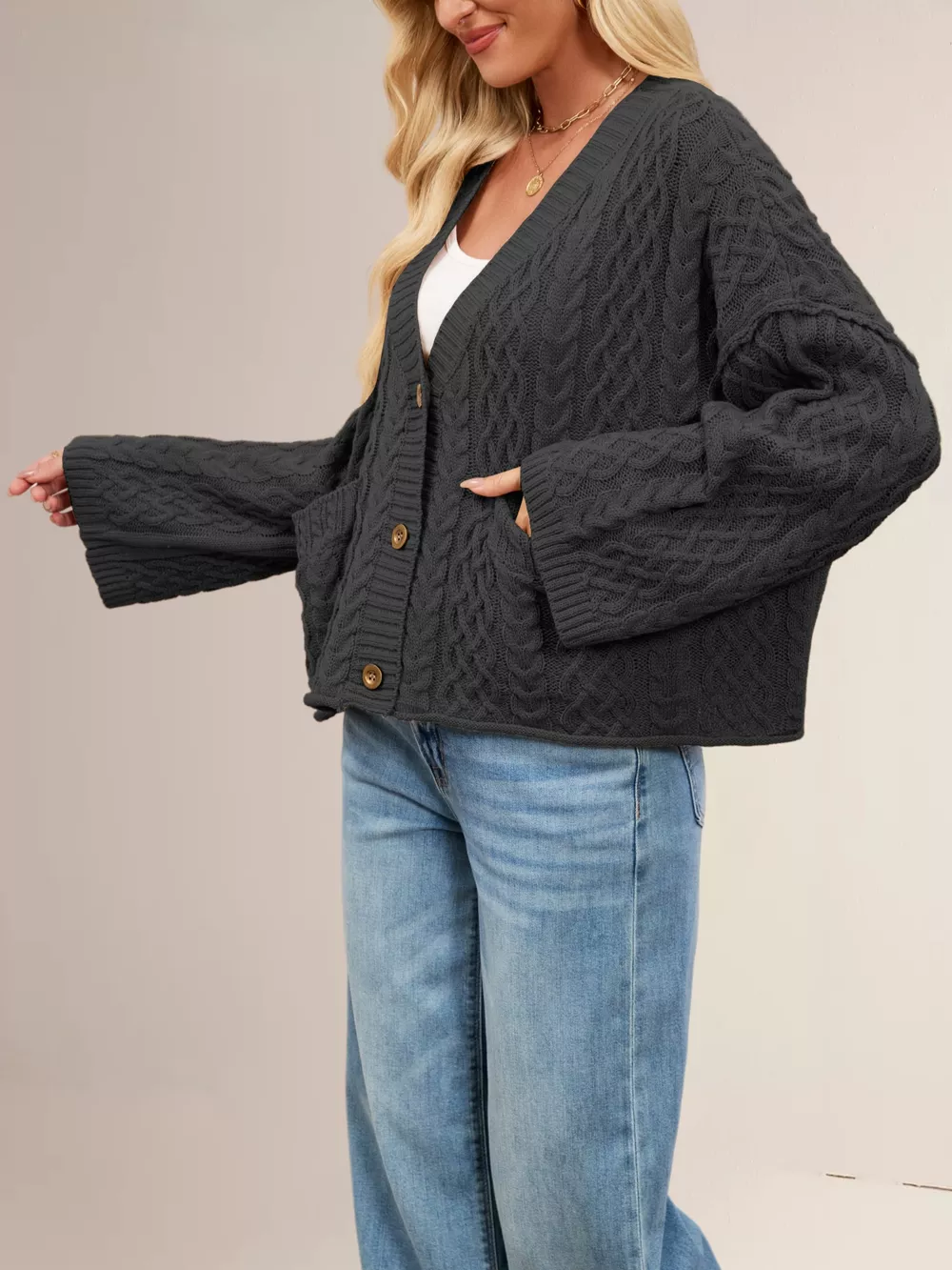 Cable Knit Button-Down Cardigan, image 6