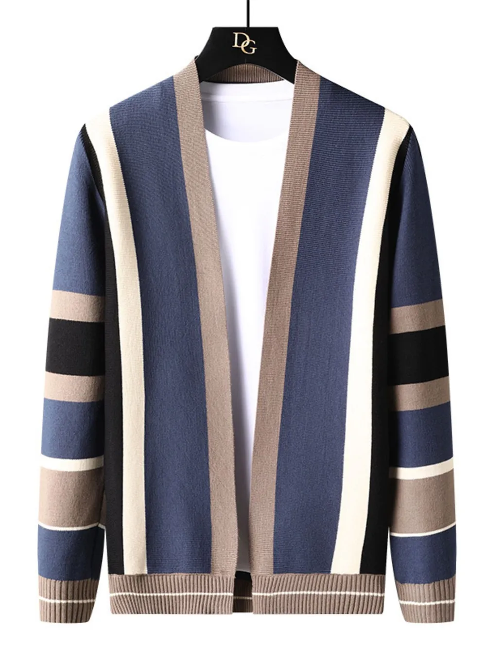 Men's Plus Size Striped Open Front Knit Cardigan, image 3