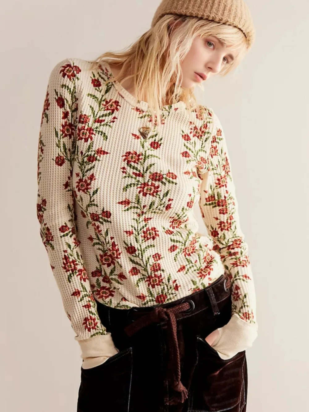 Floral Print Waffle Knit Top, image 13