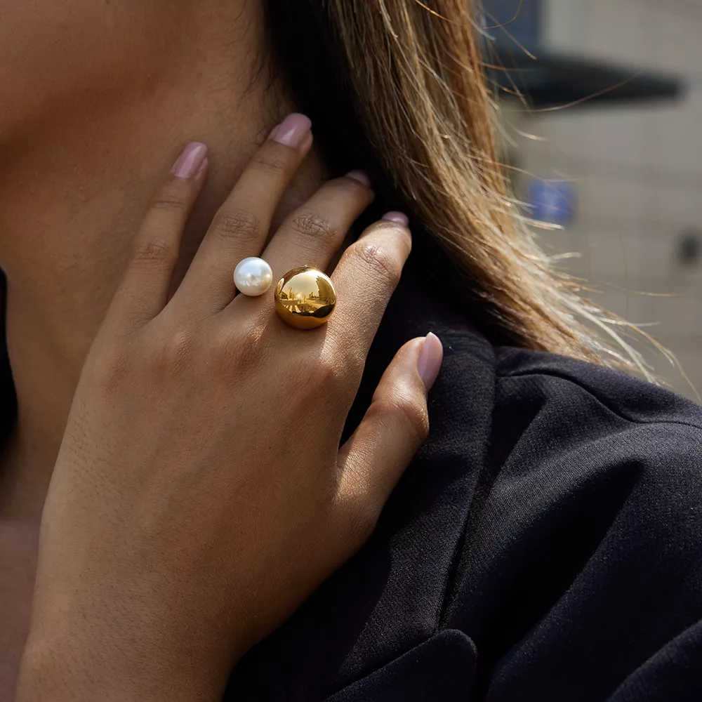 18K Gold-Plated Orb & Pearl Open Ring, image 2