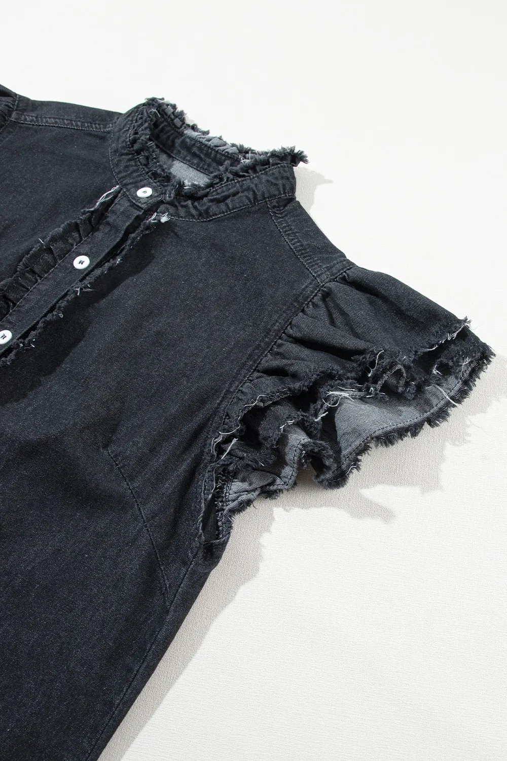 Button Down Raw Hem Ruffled Denim Shirt, image 12