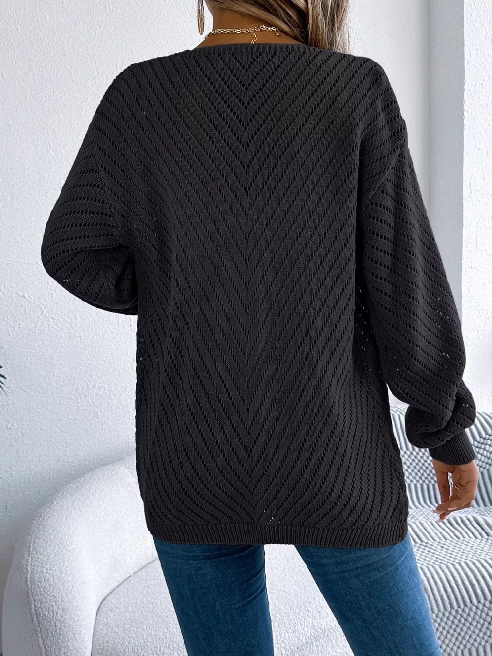 Openwork Open-Front Long Sleeve Cardigan, image 8