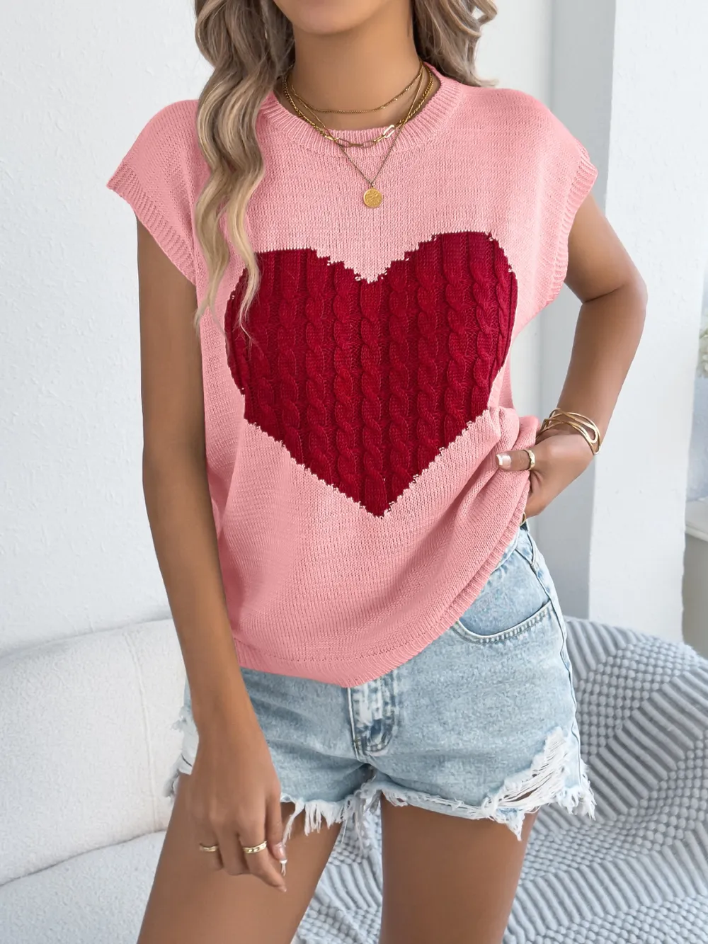 Cable Knit Heart Round Neck Cap Sleeve Knit Top, image 6