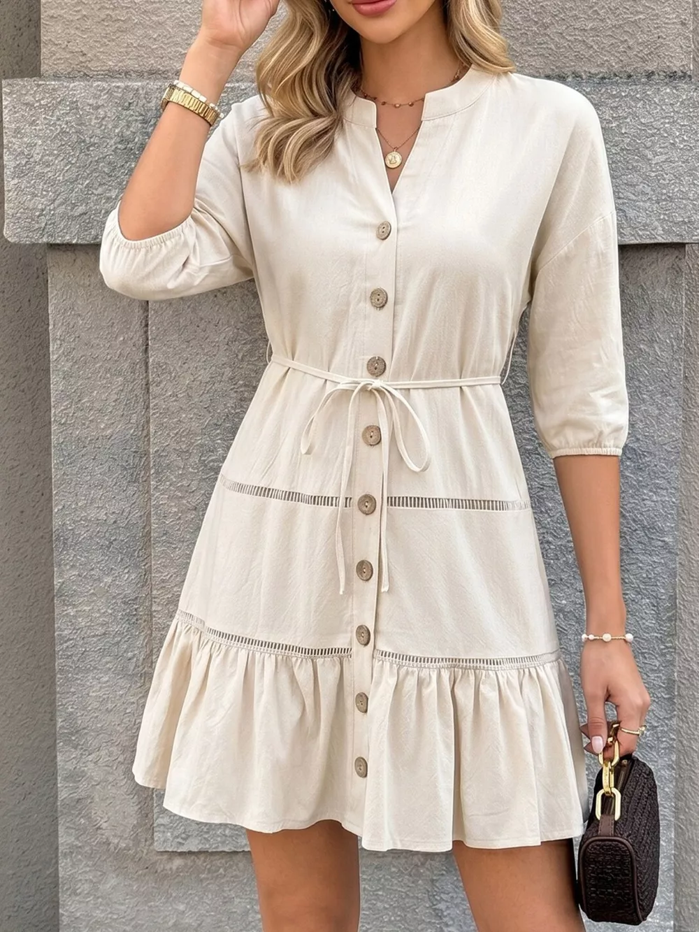 Button-Front Ruffle Hem Mini Dress, image 5