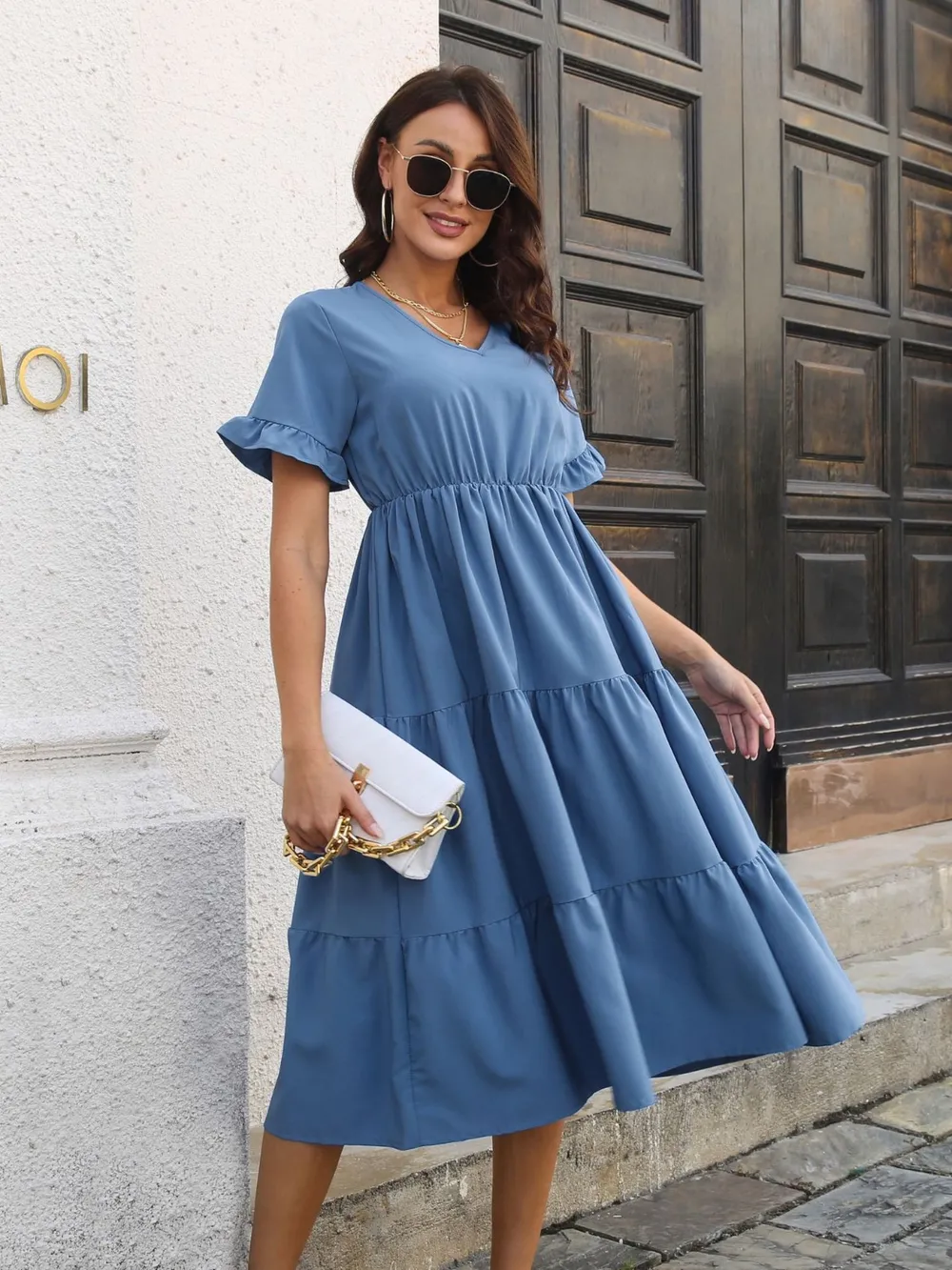 V-Neck Short Sleeve Midi Dress, image 9