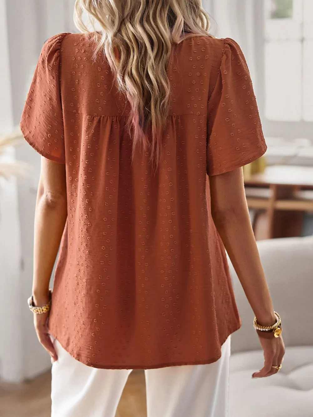 Lace Detail Round Neck Short Sleeve Blouse, image 7