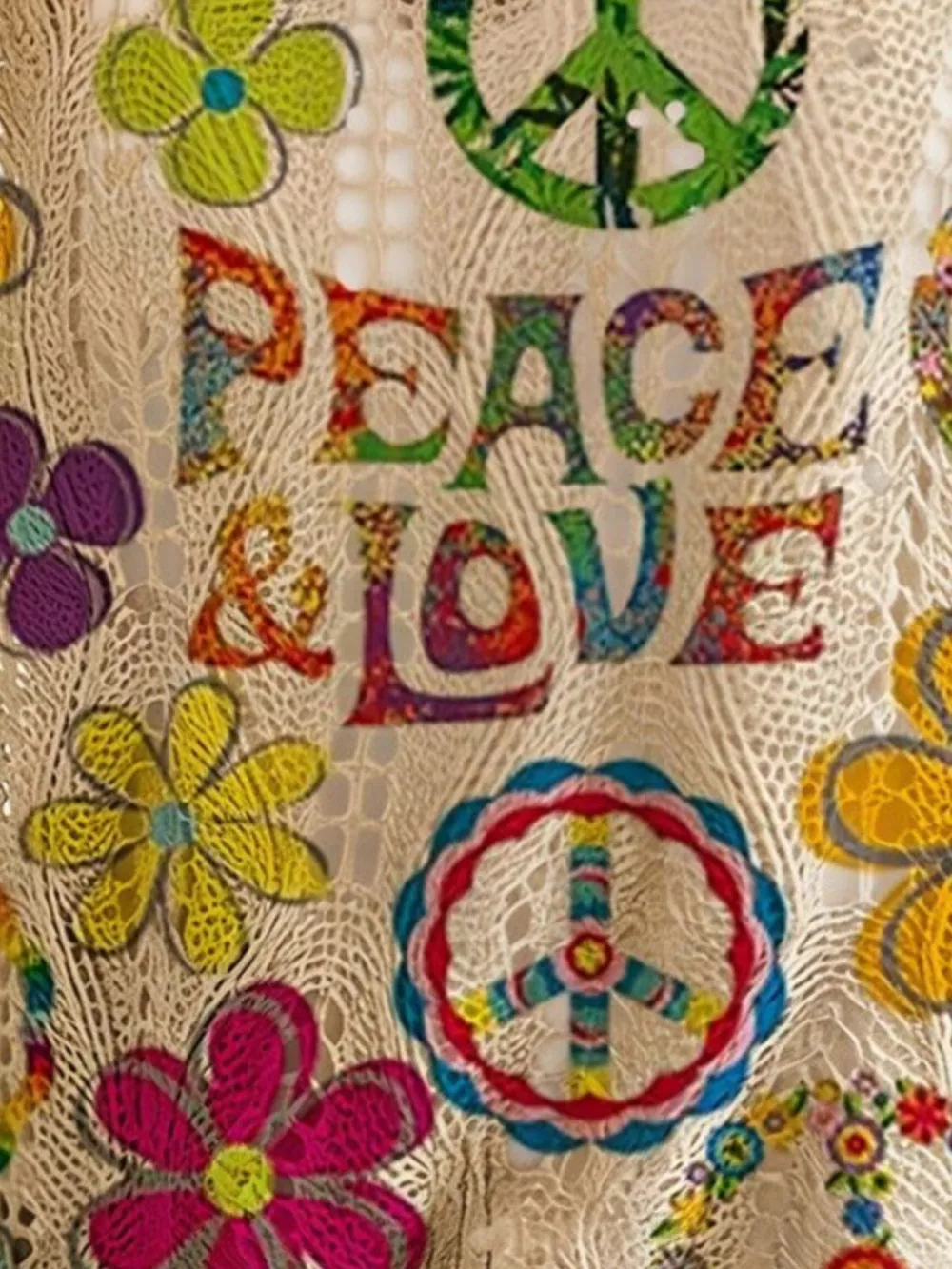 Boho Chic Peace & Love Print Crochet Knit Top, image 2