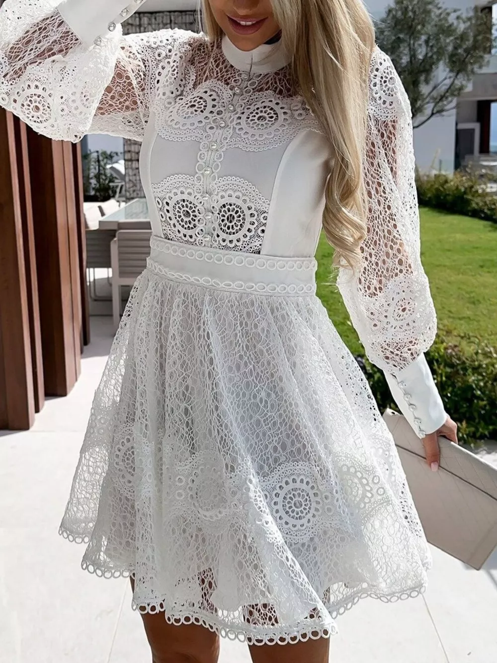 Lace Lantern Sleeve Mini Dress, image 9