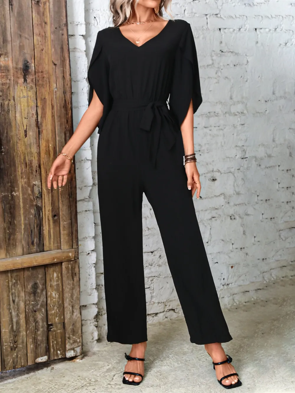 Tied V-Neck Half Sleeve Wide Leg Jumpsuit, image 5