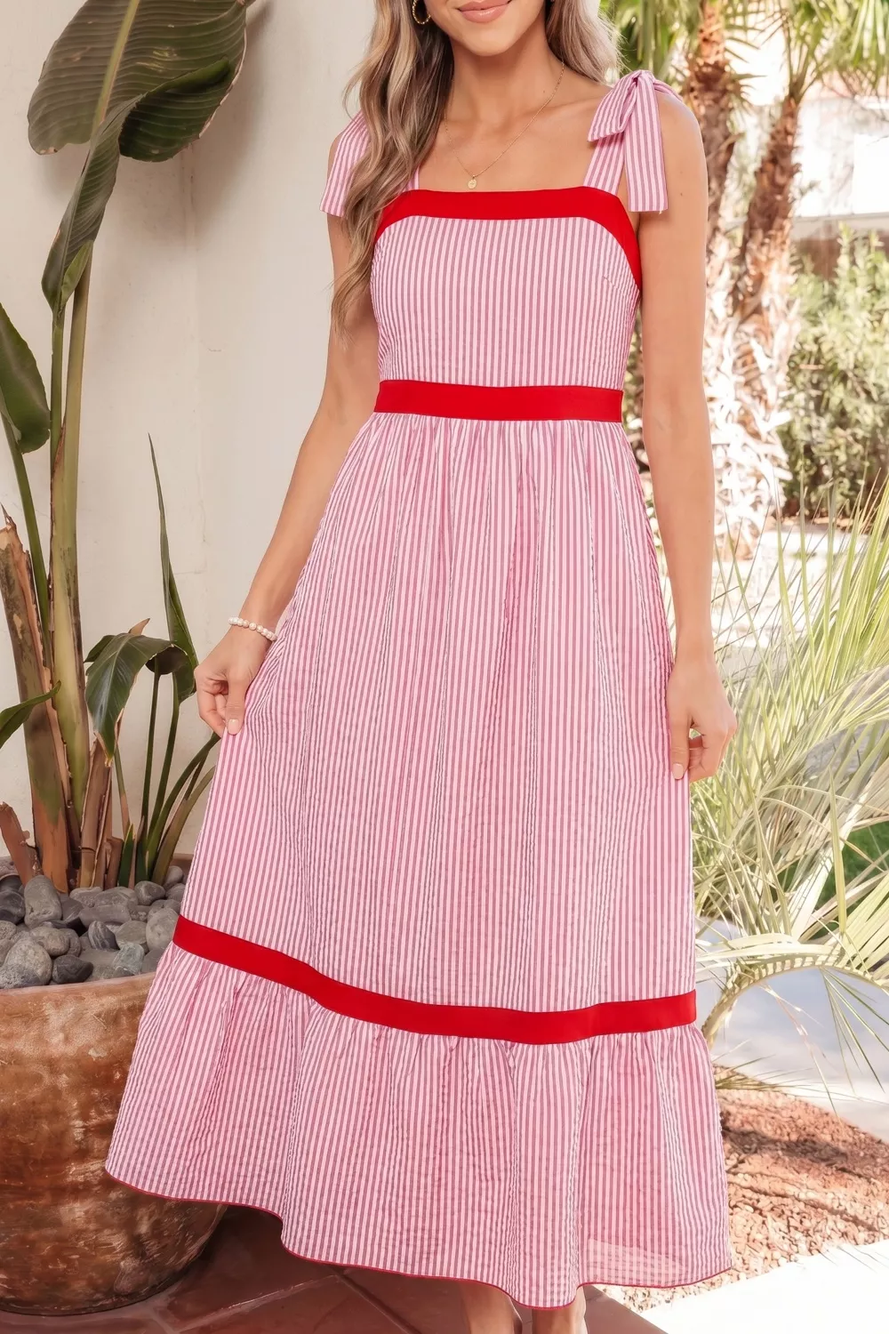 Stripe Bow Knot Straps Contrast Trim High Waist Ruffle Hem Maxi Dress, image 7