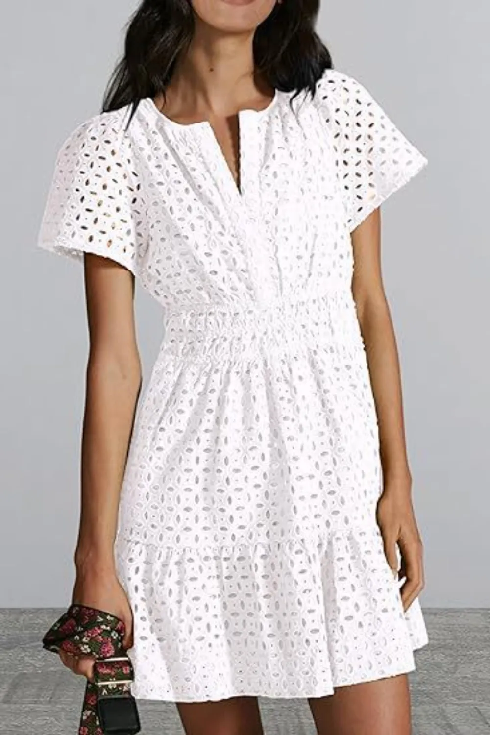Eyelet Notched Short Sleeve Mini Dress, image 14