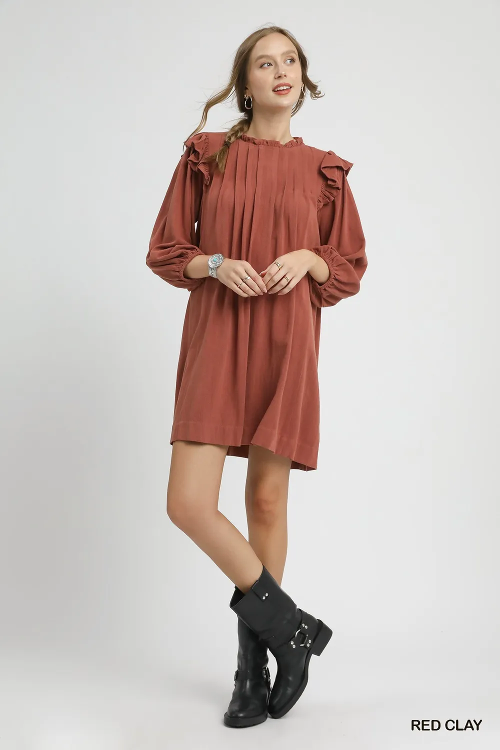 Linen Ruffle Shoulder Pleated Babydoll Dress, image 3