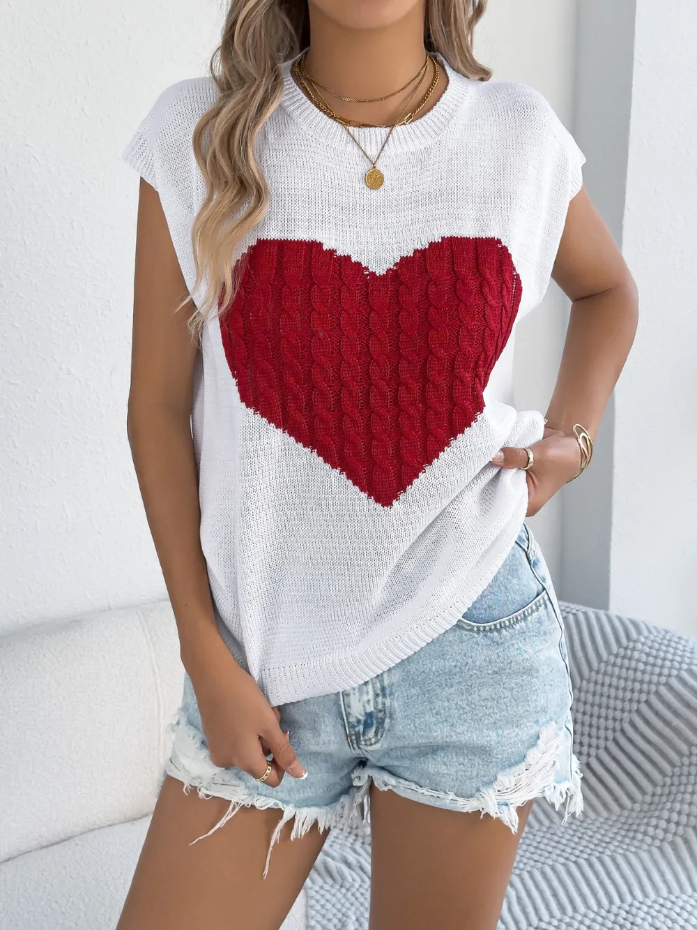 Cable Knit Heart Round Neck Cap Sleeve Knit Top, image 8