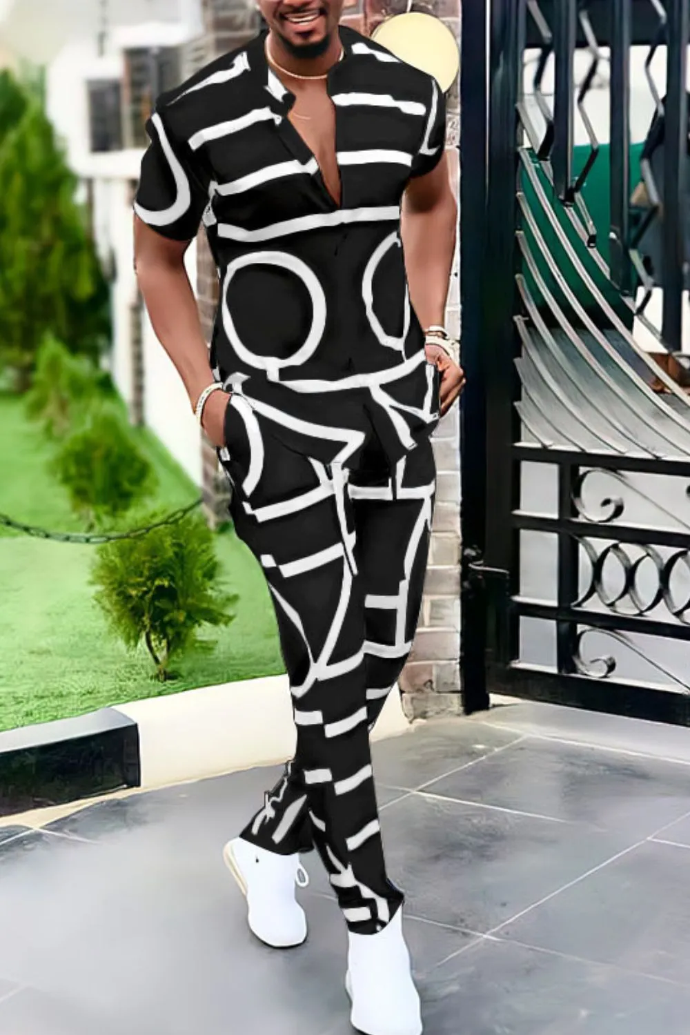 Men's Full Size Geo Print Short Sleeve Top and Pants Set Plus Size, image 5