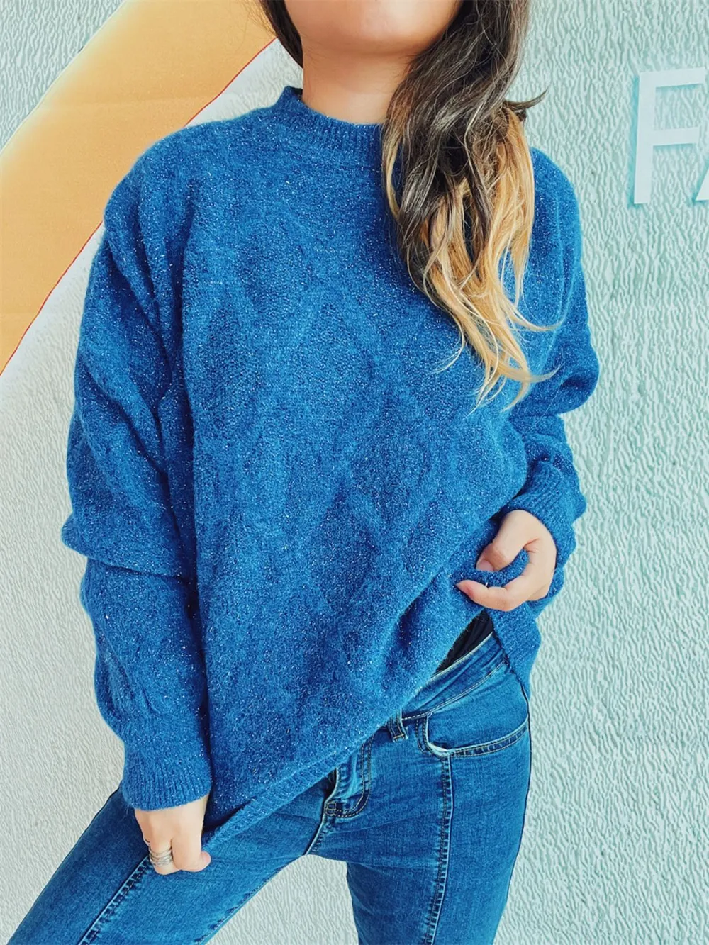 Diamond Round Neck Long Sleeve Sweater, image 14