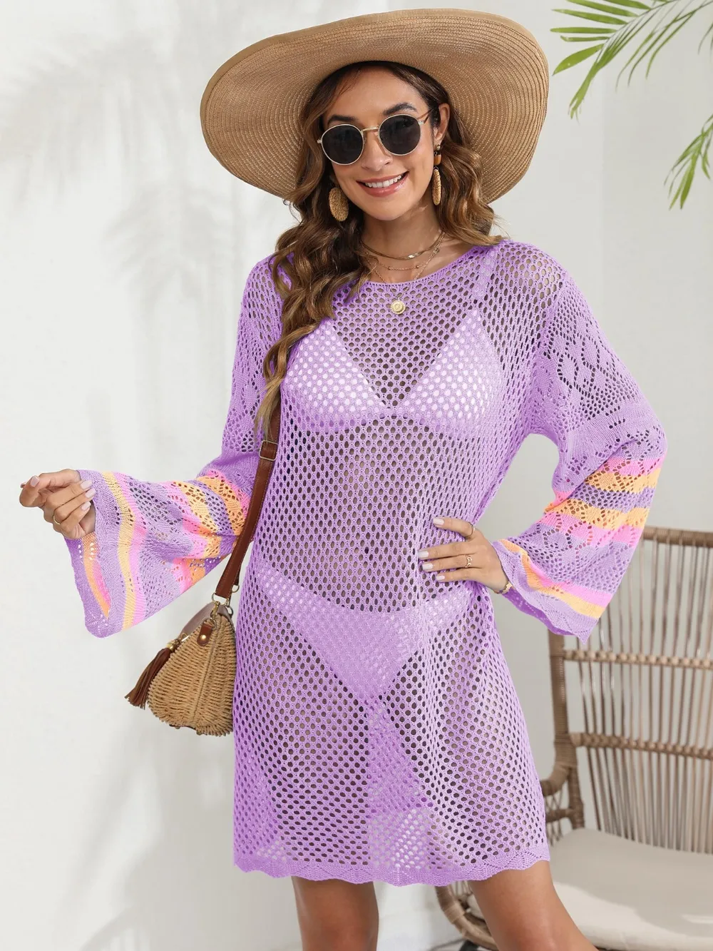 Openwork Contrast Long Sleeve Cover-Up, image 11
