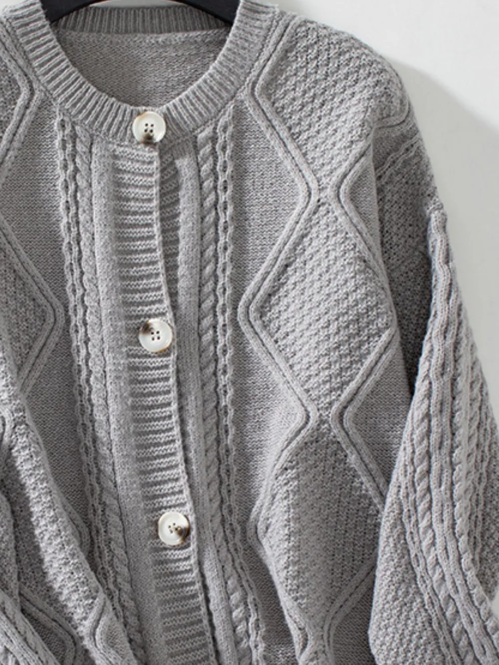 Cable-Knit Round Neck Button Up Cardigan, image 3