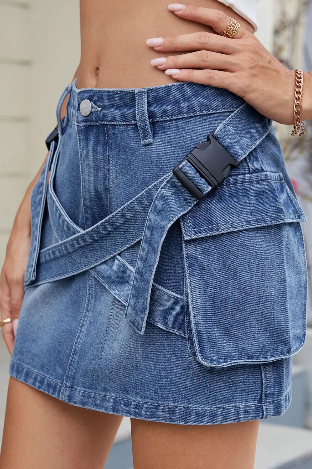 Criss-Cross Waist Detail Denim Mini Skirt, image 5