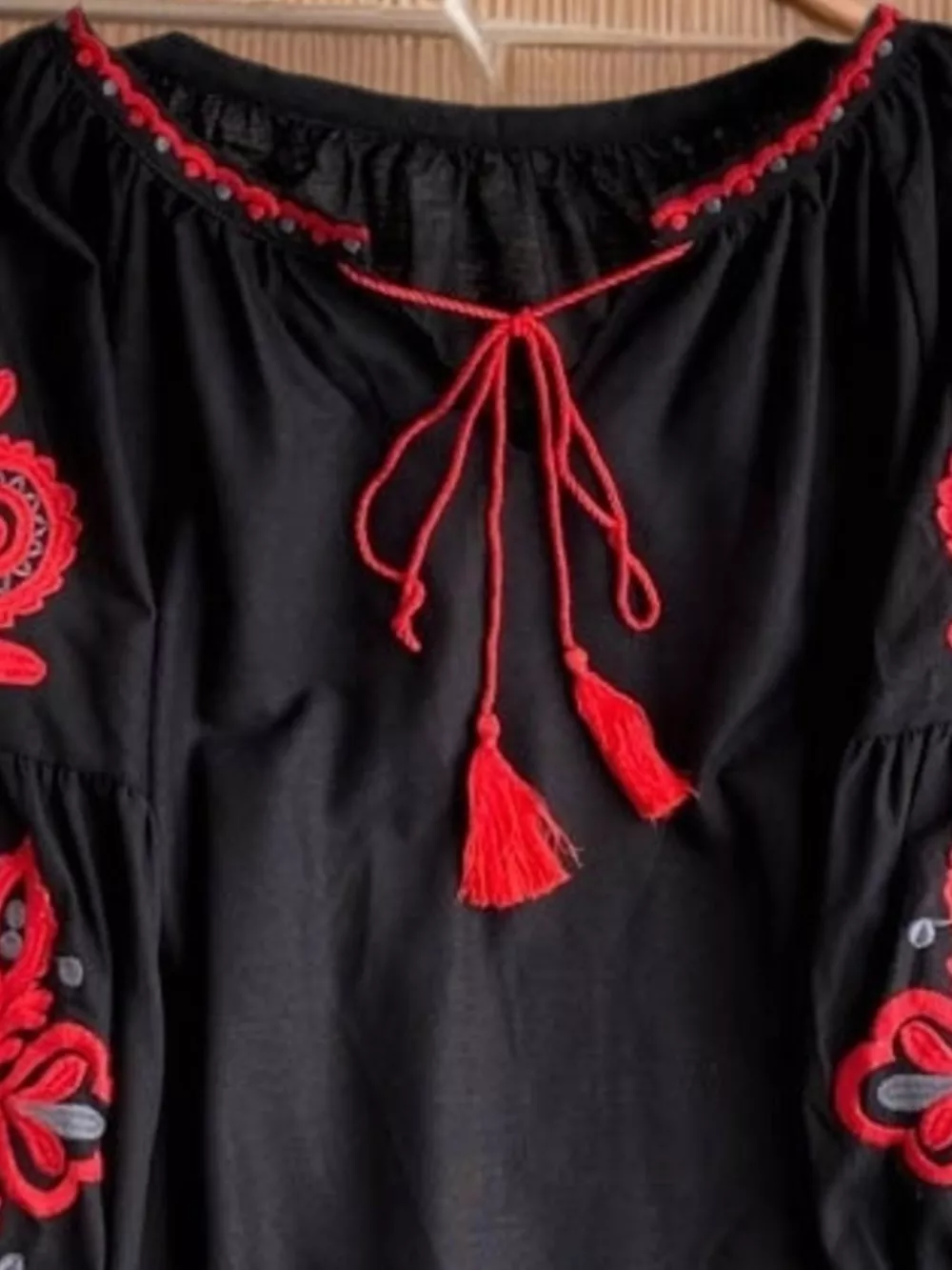 Embroidered Tassel Tie Neck Blouse, image 5