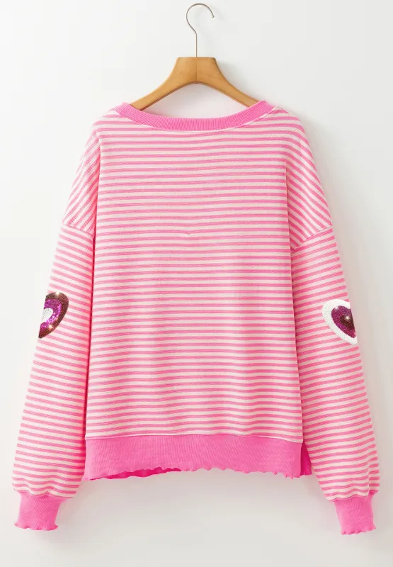 Valentine’s Day Sequin Heart Striped Round Neck Long Sleeve Sweatshirt, image 4