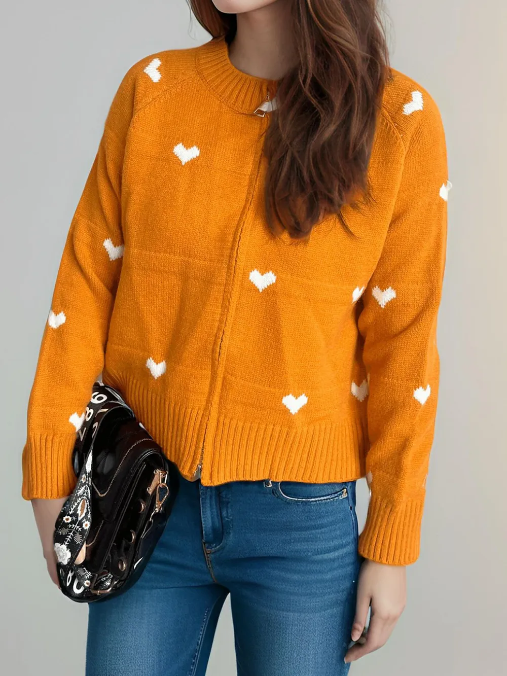 Heart Round Neck Zip Up Cardigan, image 13