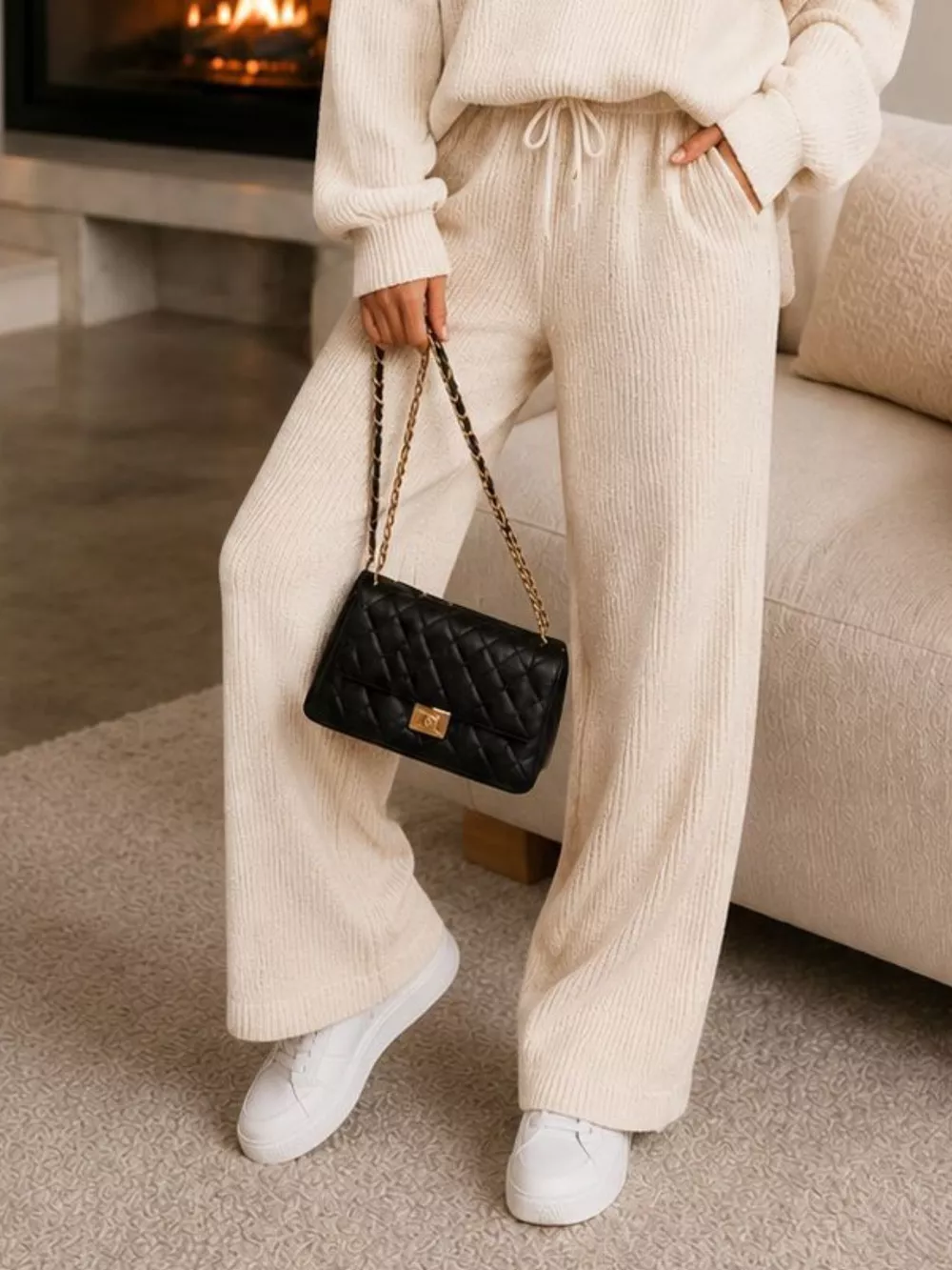 Ribbed Knit Quarter-Zip Top and Wide-Leg Pants Set, image 4