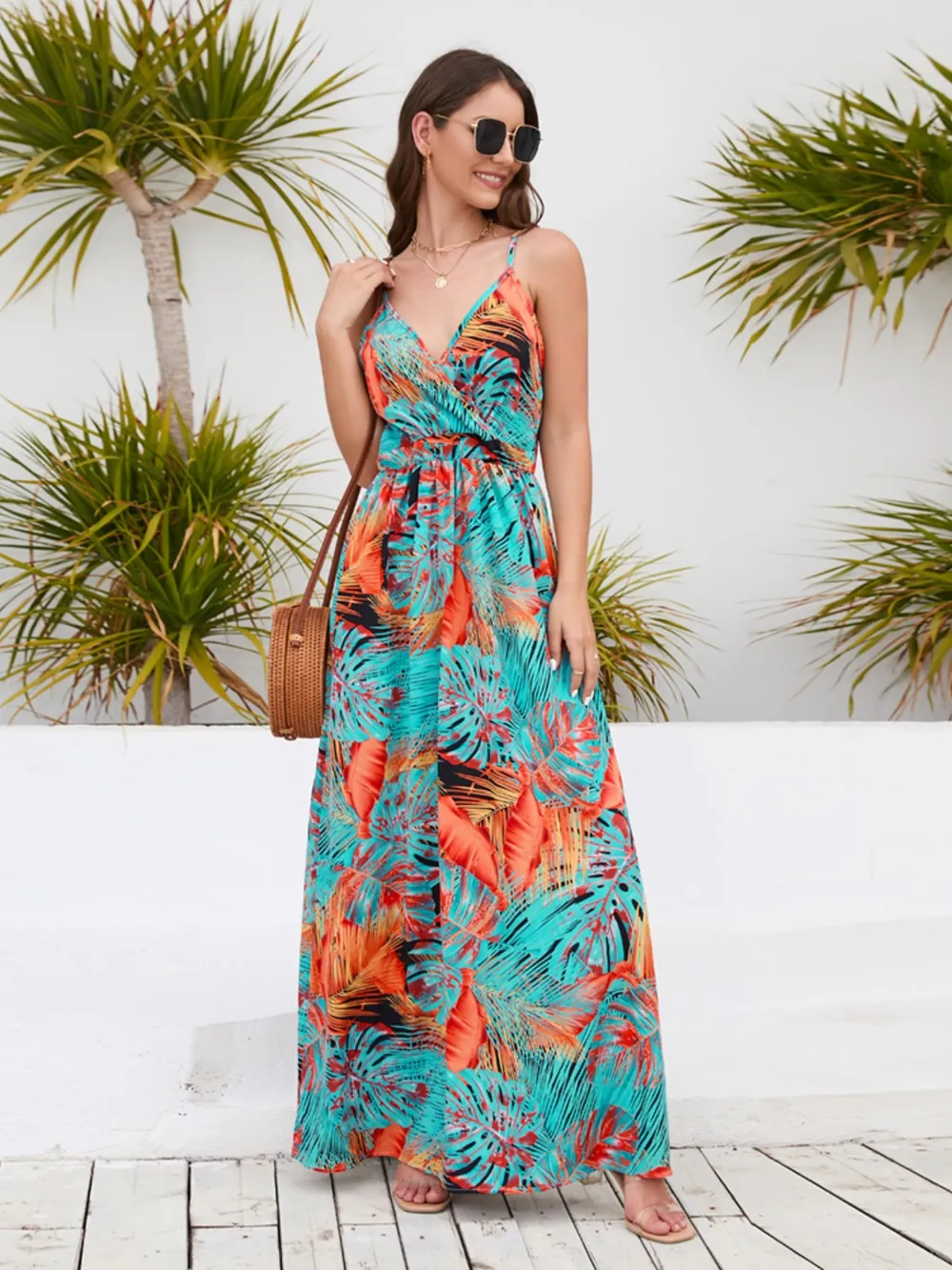 Printed Surplice Spaghetti Strap Dress, image 21