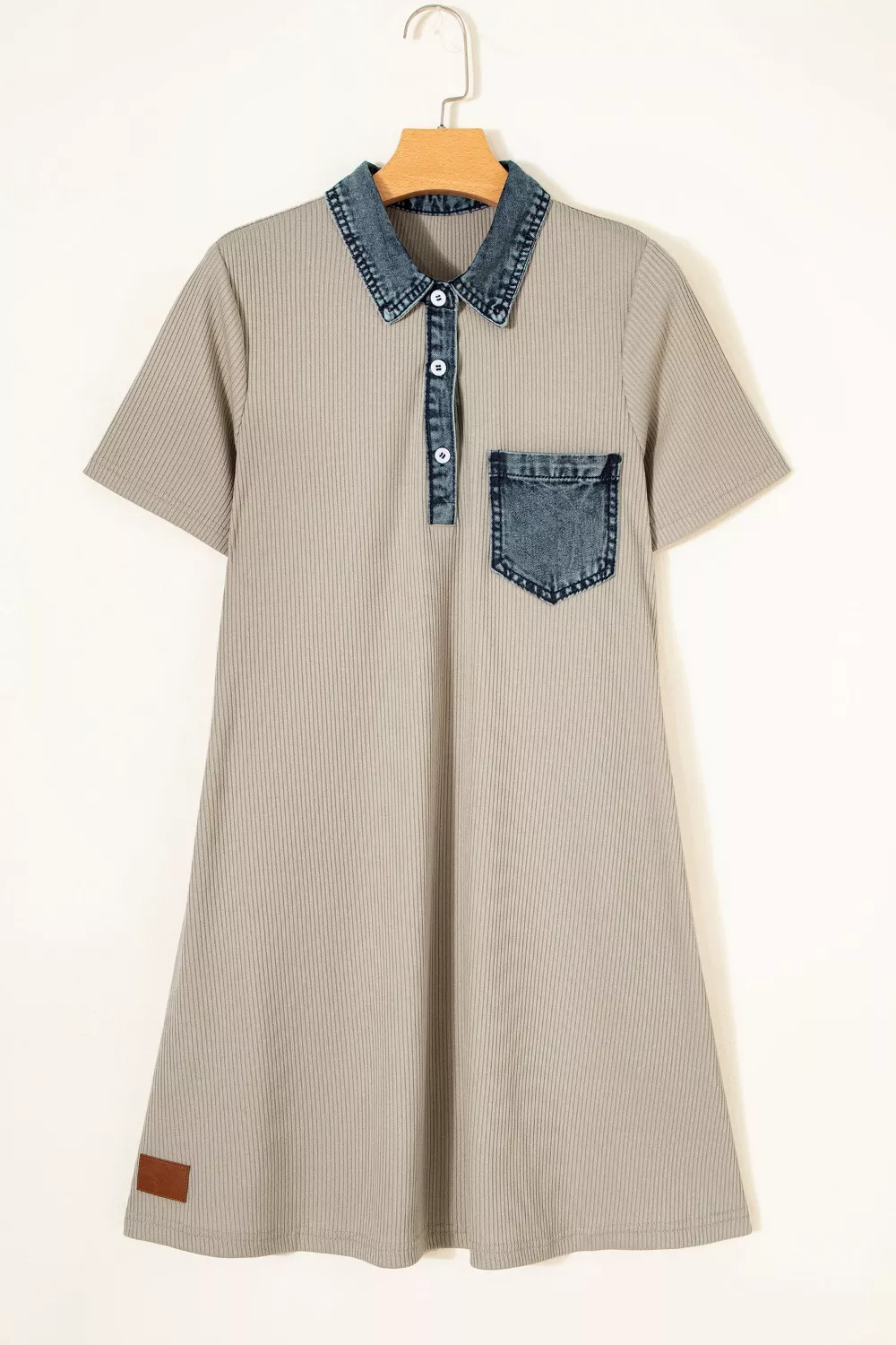 Casual Ribbed Knit Denim Trim Mini Dress, image 5