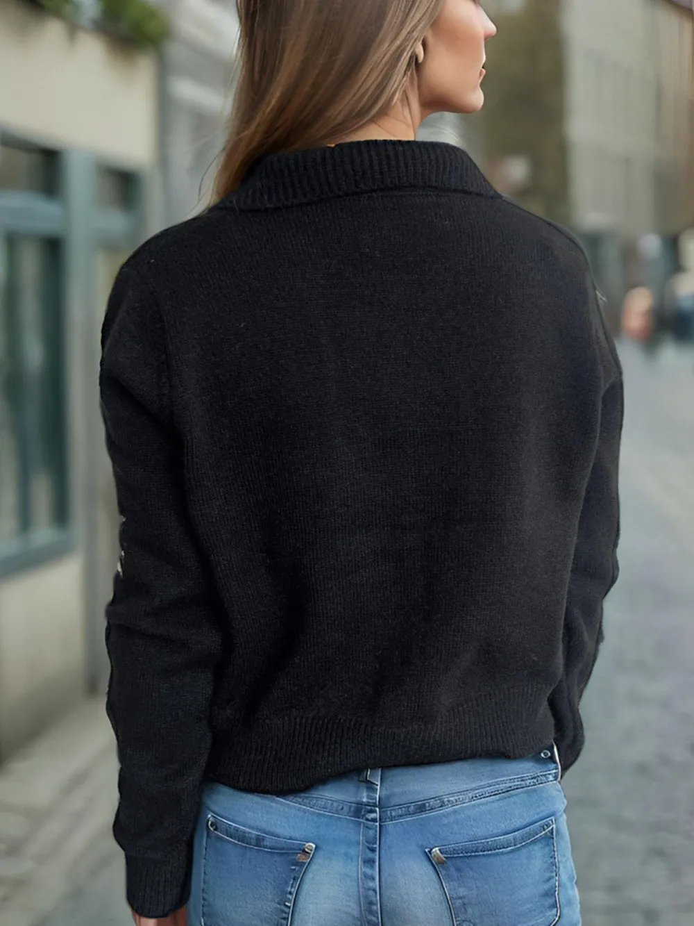Pearl Trim Collared Neck Long Sleeve Cardigan, image 7