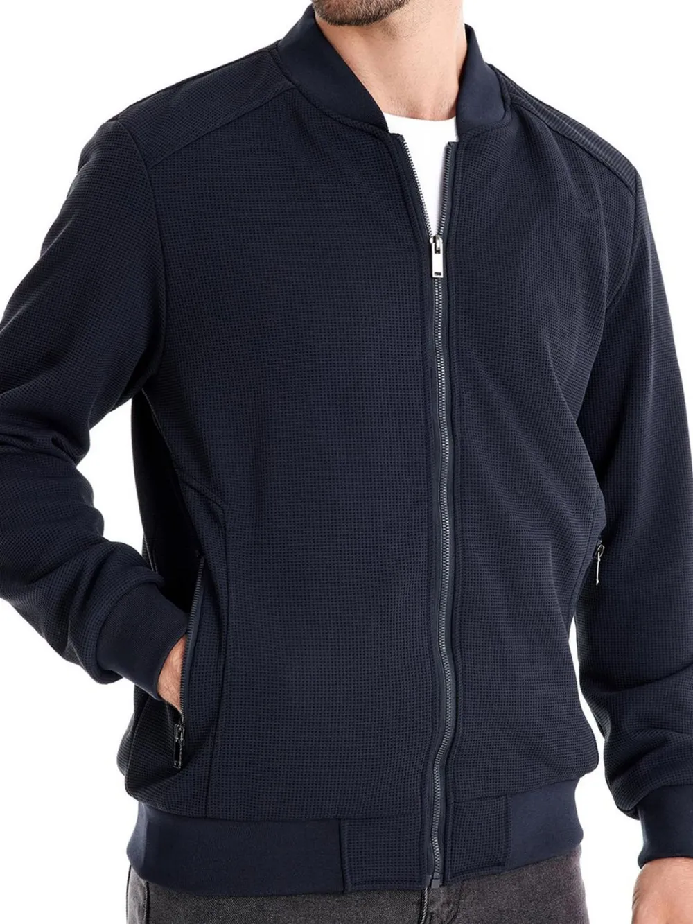 Men's Waffle Knit Baseball Collar Zip Up Jacket, image 7