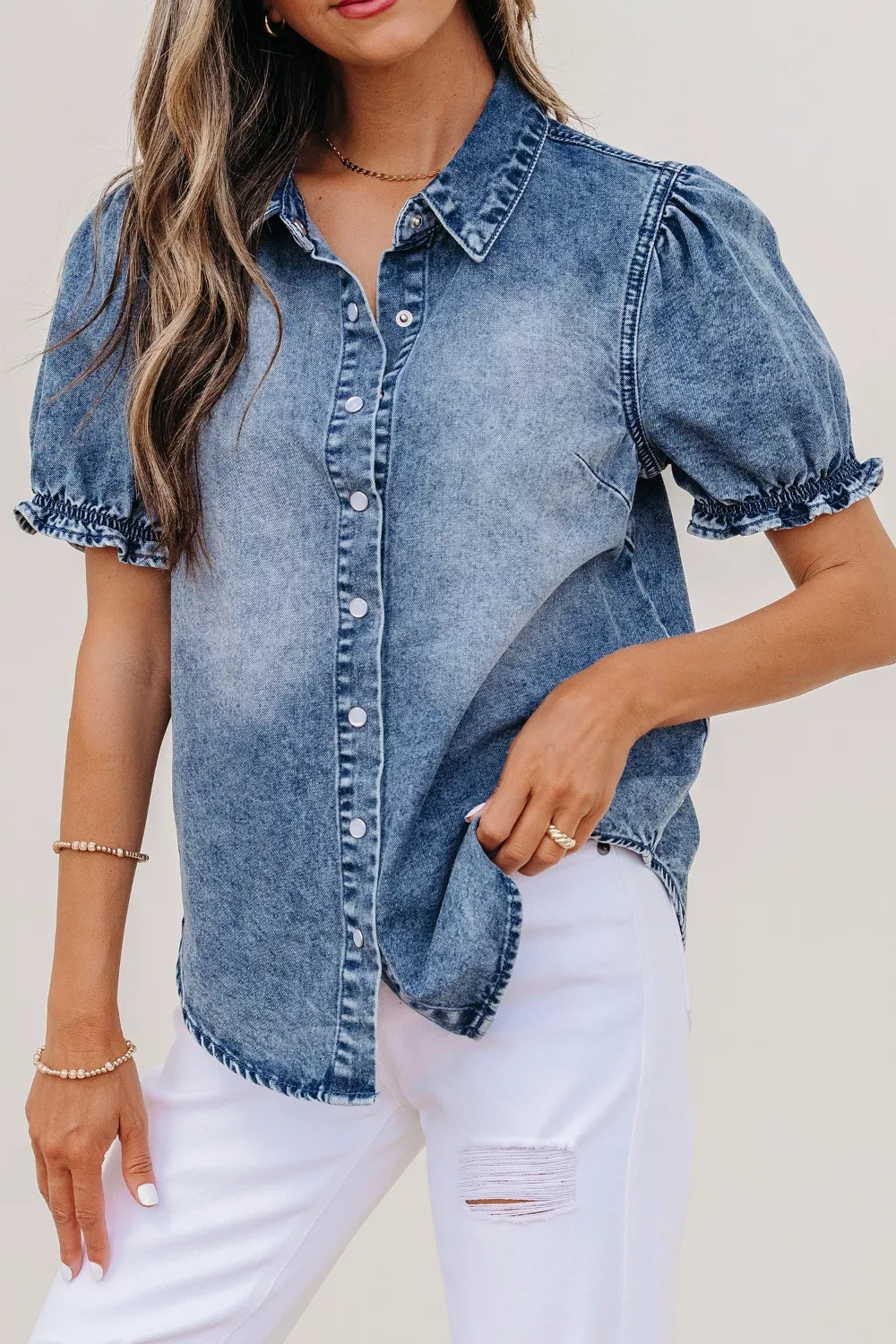 Frilled Short Sleeve Snap Button Denim Shirt, image 2