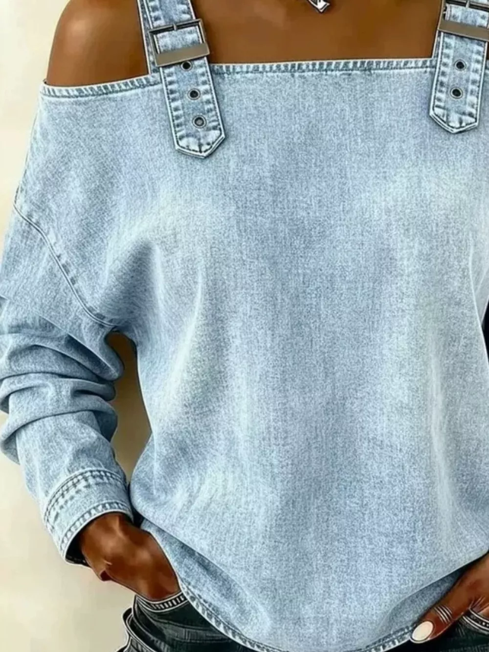 Full Size Buckle Strap Long Sleeve Denim Top Plus Size, image 4