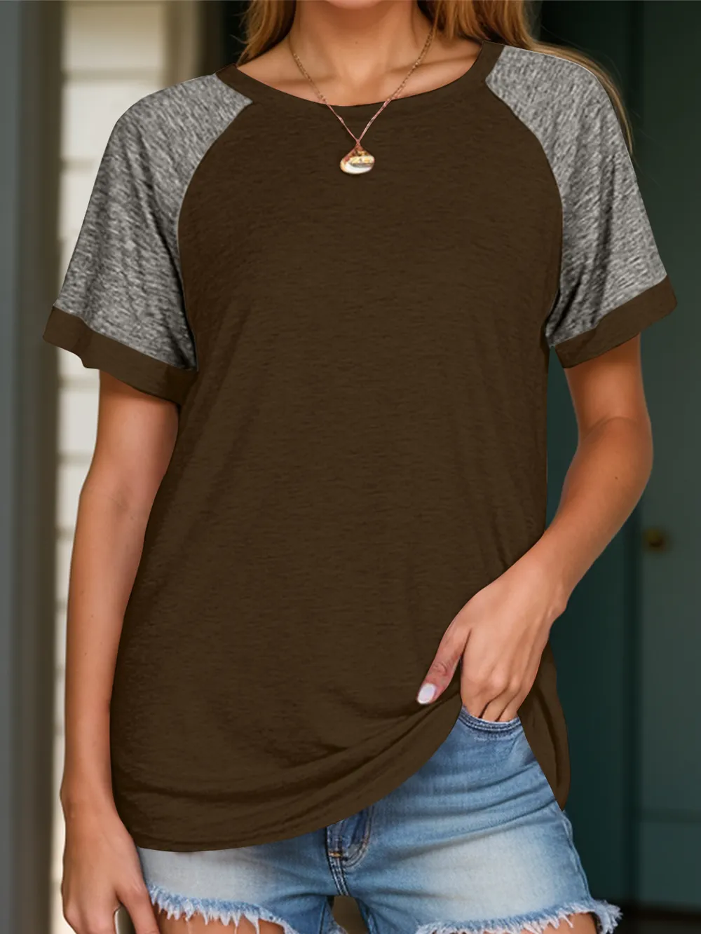 Full Size Contrast Round Neck Short Sleeve T-Shirt, image 11