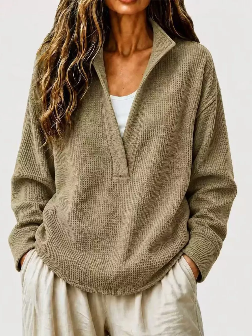 Full Size Waffle Knit Dropped Shoulder Sweatshirt Plus Size, image 11