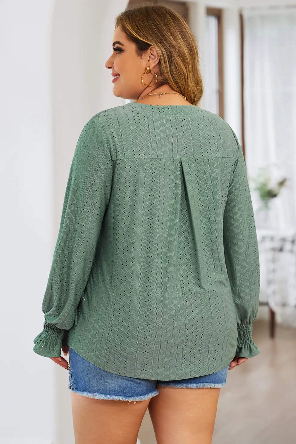 Plus Size Eyelet Notched Flounce Sleeve Blouse, image 6