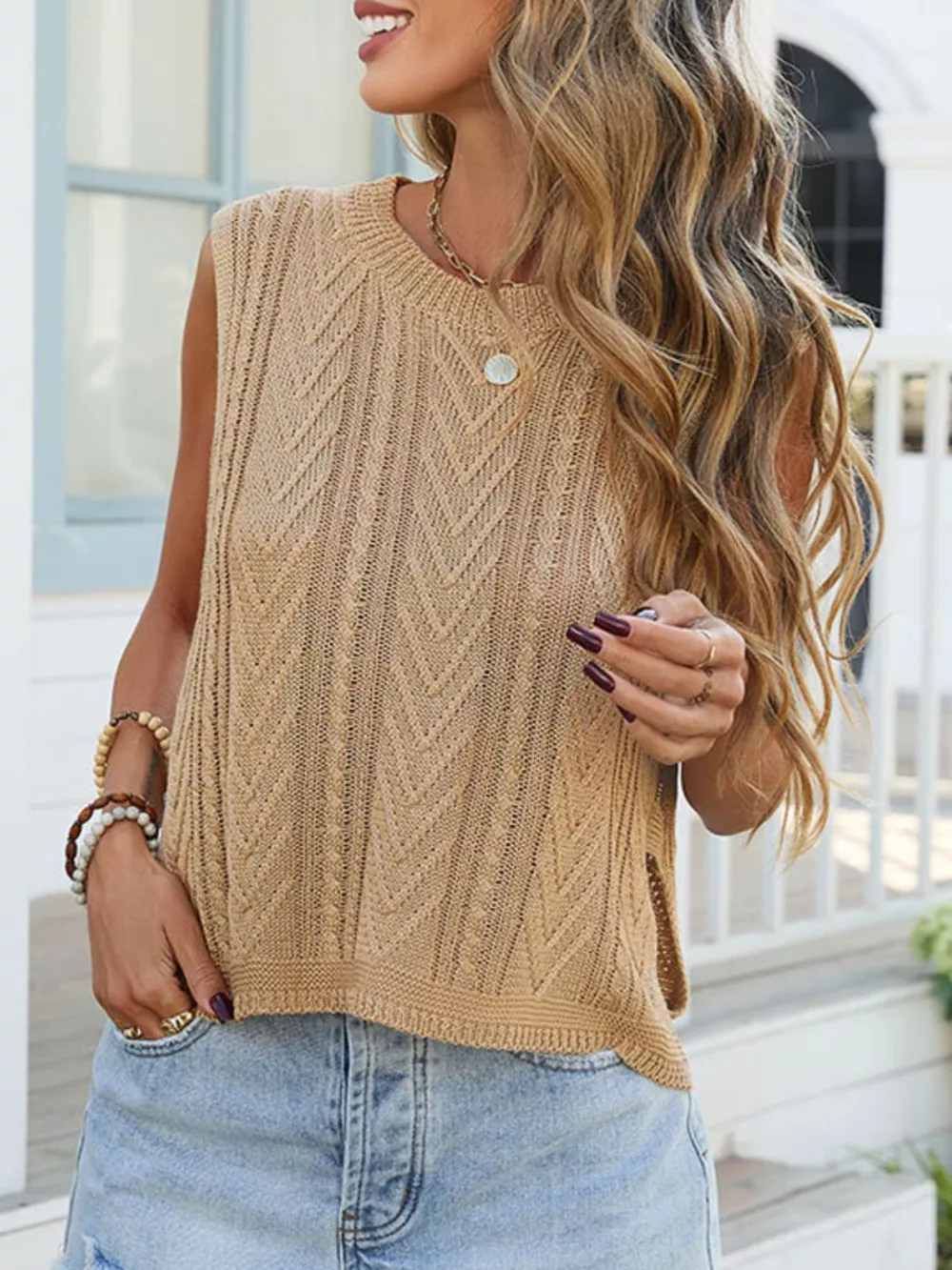 Cable Knit Round Neck Sweater Vest, image 7